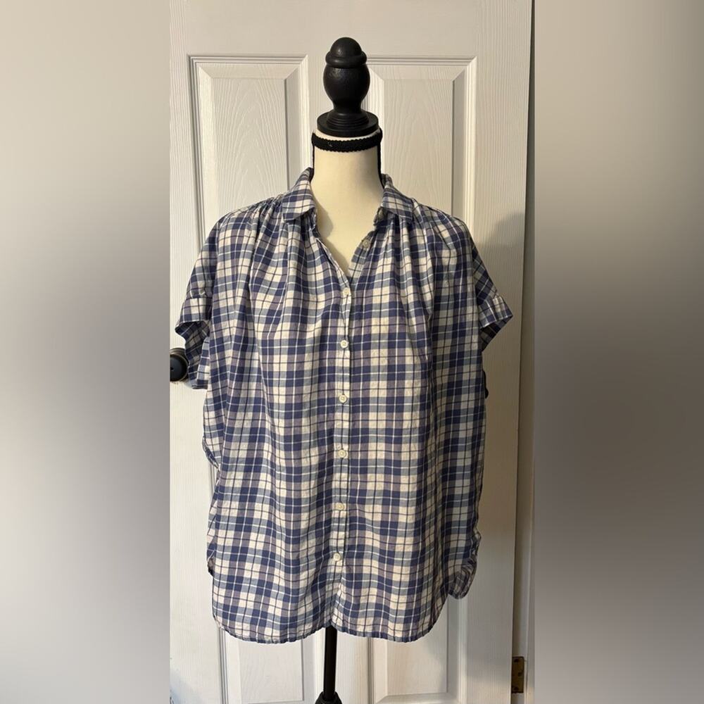 Madewell Cap Sleeve Button Down Women's Medium Blue Plaid Boxy Oversized Fit
